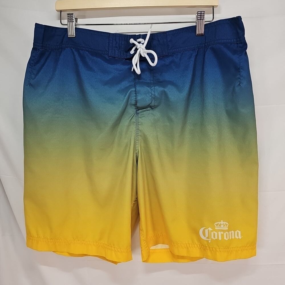 Corona Beer Board Shorts Mens Large Ombre Blue Yellow Swim Trunks Beach Surf